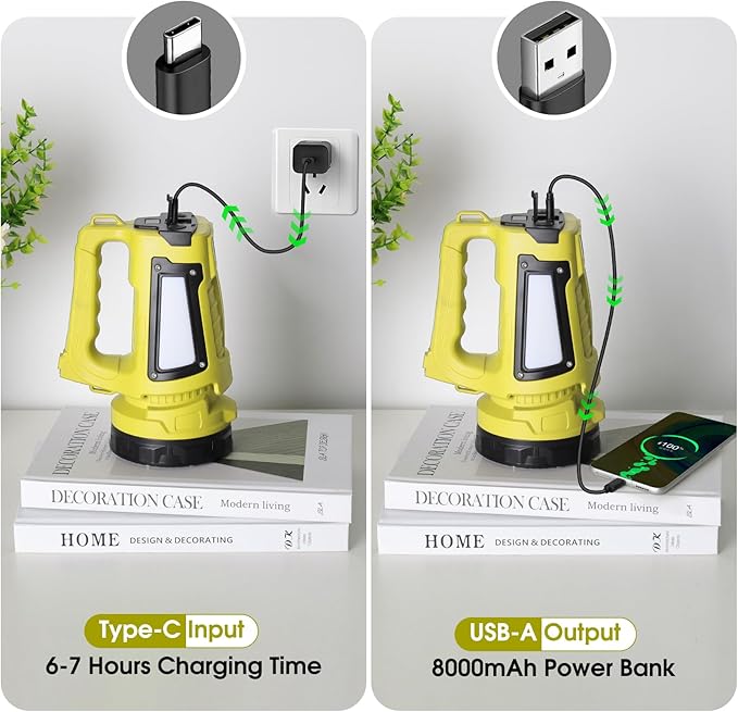 Rechargeable LED Flashlight, Camping Lantern Flashlight with 1000LM, 7 Modes, Power Bank, IPX4 Waterproof Camping Essentials Light for Hurricane Emergency Hiking Survival Kits - Yellow