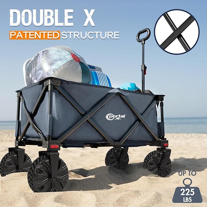 PORTAL Collapsible Folding Utility Cart, Heavy Duty Foldable Wagon with All Terrain Wheels, Large Capacity Beach Cart for Camping, Garden, Shopping, Groceries, Grey