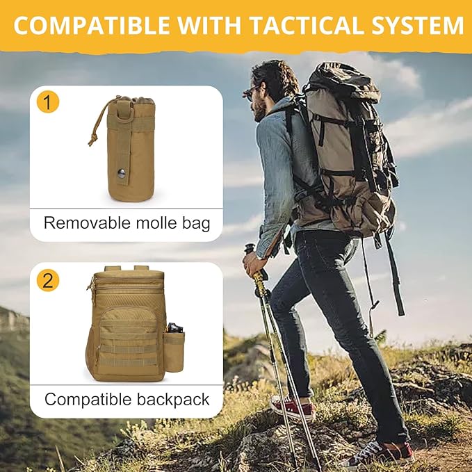 Tactical Lunch Box for Men, Insulated Lunch Bag MOLLE Webbing Leakproof, Cooler Large Lunchbox Women Adult with Adjustable Shoulder Strap Durable, Construction Heavy Duty Lunch Pail, Brown