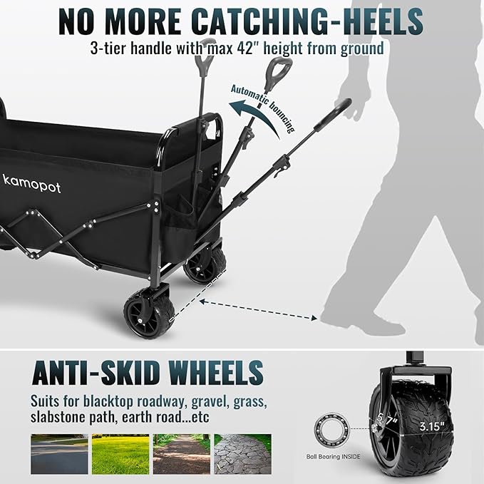 Large Collapsible Wagon Foldable for Grocery, Beach, Park, Yard, 34" x 18" Inner Storage. 300lb Heavy Duty Folding Utility Cart on Big Wheels, Durable w/Cupholders
