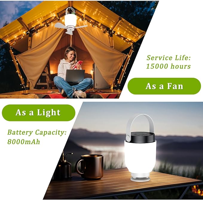2 in 1 Camping Fan with LED Lantern, Rechargeable Camping Lights with Remote Control, Portable Outdoor Umbrella Ceiling Fan with Dimmable Light Hanging Outside for Patios, Tent, RVs, Gazebo