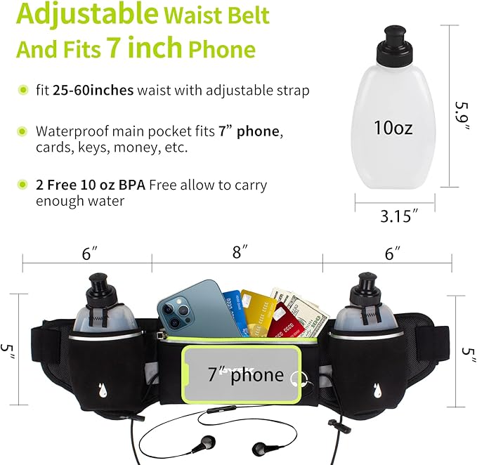 PYFK Upgraded Running Belt with Water Bottles, Hydration Belt for Men and Women, Water Bottle Holder Running Pouch Belt, Fanny Pack Fits 7 inches Phones, Waist pack for Running Hiking Climbing