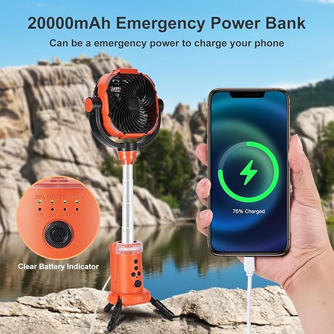 Odoland 20000mAh Camping Fan with Lantern, 360° Oscillation Table Fan with Remote & Hook, Rechargeable Battery Operated Outdoor Power Fan with Light for Camp, Family Travel and Jobsite, Orange