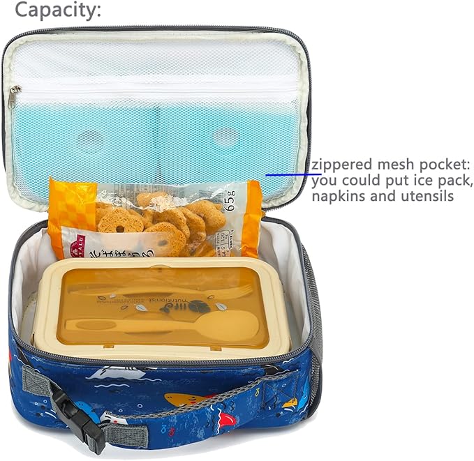 FlowFly Kids Lunch box Insulated Soft Bag Mini Cooler Back to School Thermal Meal Tote Kit for Girls, Boys, Colorful-Shark