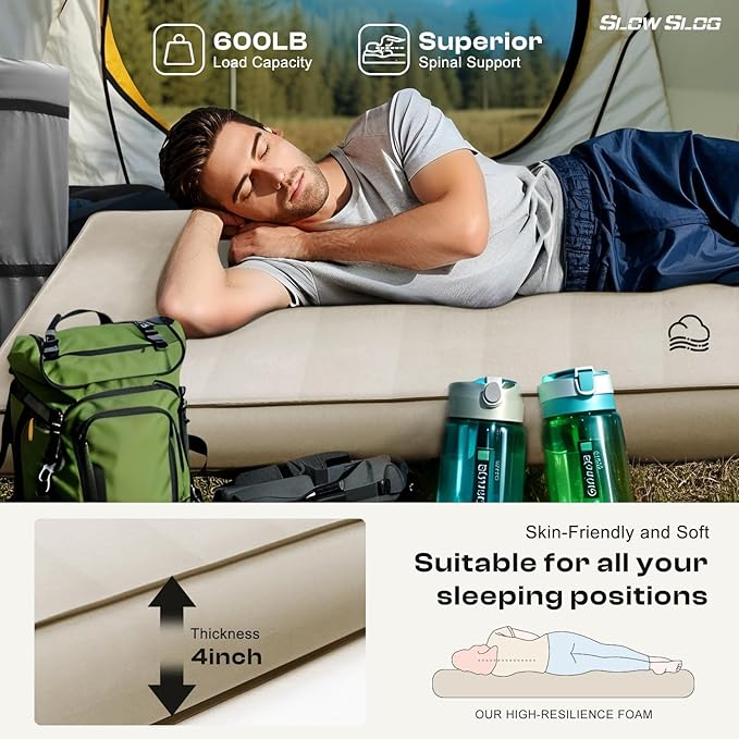 Self-Inflating Camping Mattress Pad 2 Person, 4in Thick Foam Sleeping Pad for Tent Camping, 4-Season Double Sleeping Pad with Pump Sack, Cream