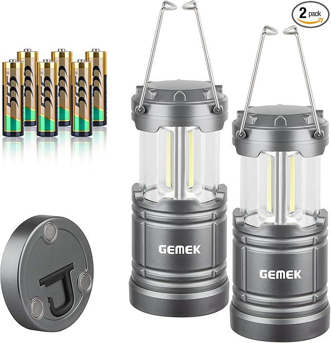 GEMEK Camping Lantern, 2 Portable LED Battery Powered Lantern with Magnetic Base & Foldable Hanging Hook- Collapsible Lamp Perfect for Power Outages, Hiking, Campsites, Roadside Car Repair (Gray)