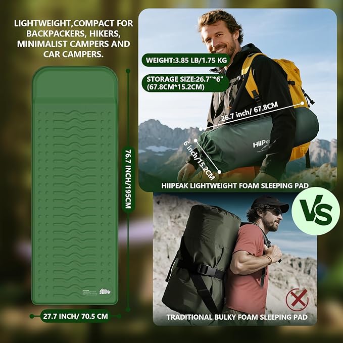 HiiPeak Memory Sleeping Pad, Compact Thick Foam Sleeping Mats with Pillow, 9.5 R-Value Insulated Camping Mattress Pad, Easy Inflate & Deflate, Inflatable Sleep Mat for Backpacking Hiking Car Tent