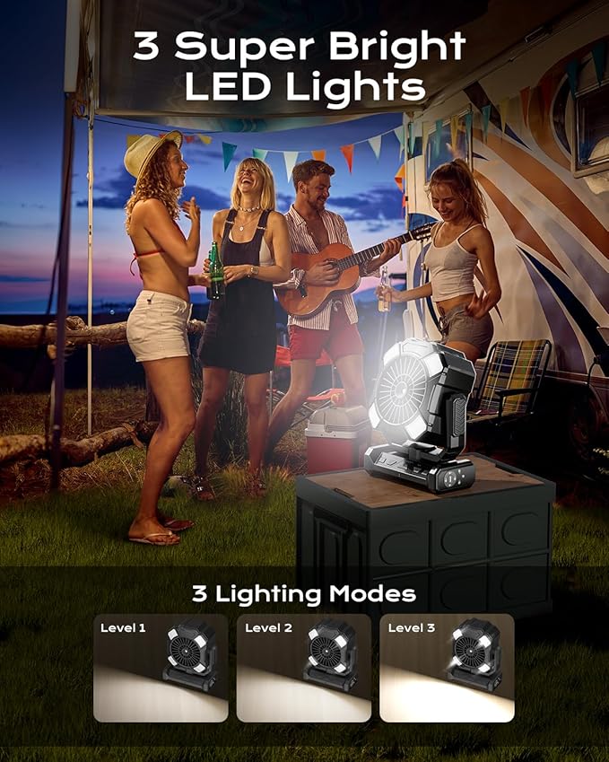 Portable Misting Fan, Camping Fans with Remote, 24000mAh Rechargeable Battery Cooling Fan for Outdoors Patios, Rechargeable Fans 270° Adjustable, Hanging & Lighting for Outdoor Indoor cooling