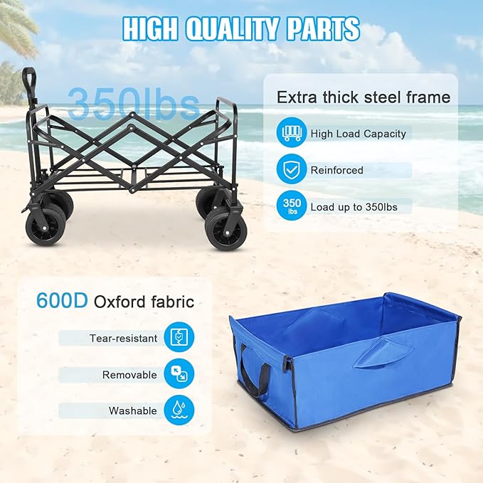 Beach Wagon,Collapsible Foldable Wagon Cart with Big Wheels,Utility Folding Grocery Lounge All Terrain Wagon with Side Pocket and Brakes for Sand Camping Sports Outdoor(Blue).