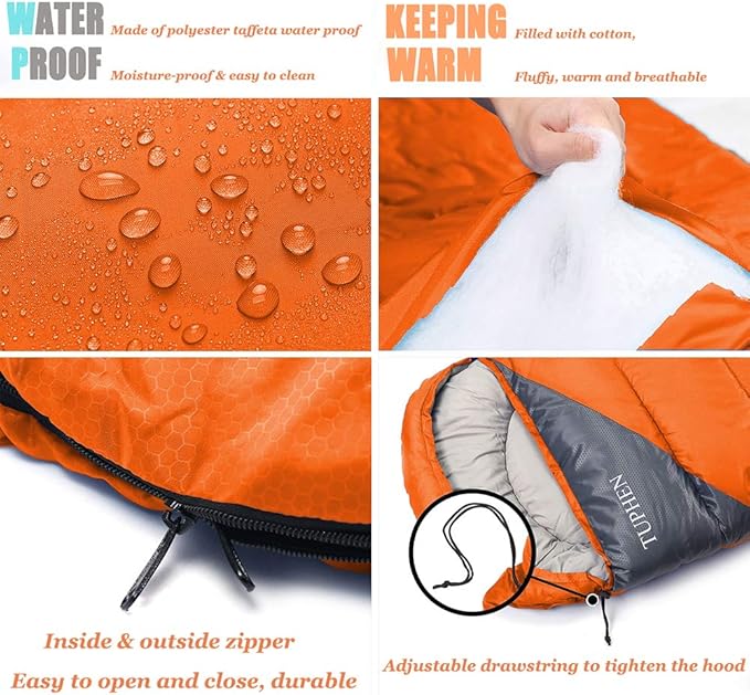 tuphen- Sleeping Bags for Adults Kids Boys Girls Backpacking Hiking Camping Microfiber Liner, Cold Warm Weather 4 Seasons Indoor Outdoor Use, Lightweight & Waterproof