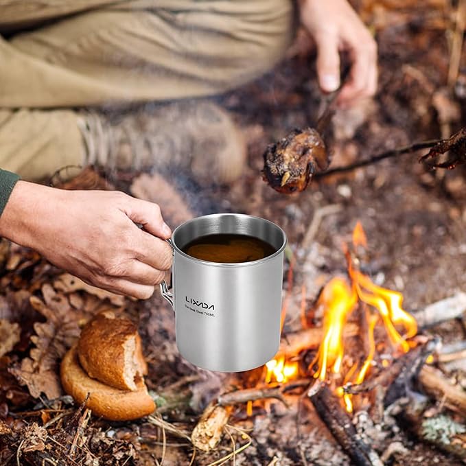 LIXADA Camping Cup Pot,750ml Stainless Steel Water Cup Mug with Foldable Handles and Lid for Outdoor Camping Hiking Backpacking