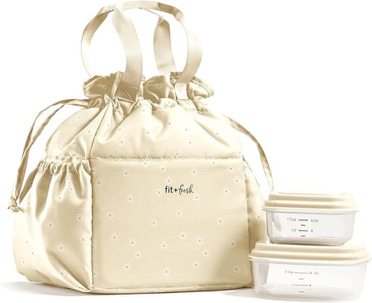 Fit & Fresh Lunch Bag For Women, Insulated Womens Lunch Bag For Work, Stain-Resistant Large Lunch Box For Women With Containers, Cinch Closure Cromwell Bag, Ivory Daisies