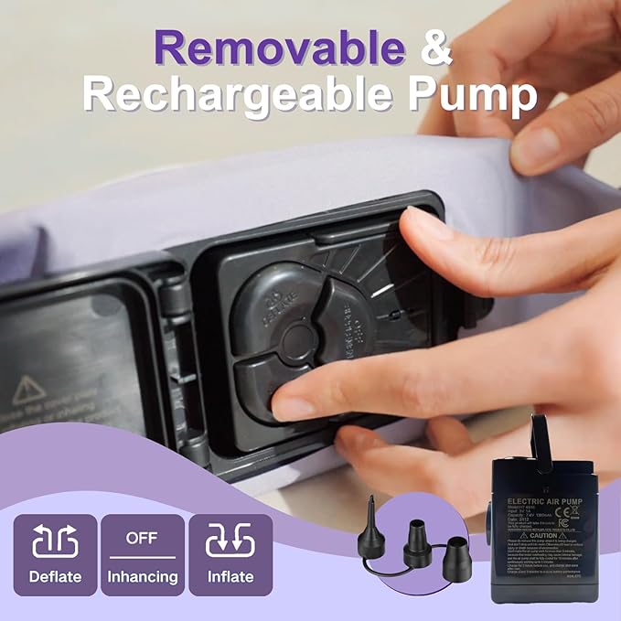 Air Mattress Queen with Built in Wireless Battery Pump,22'' Blow Up Inflatable Air Bed for Camping,Home,Thick Velvet Texture Waterproof,22'' Purple
