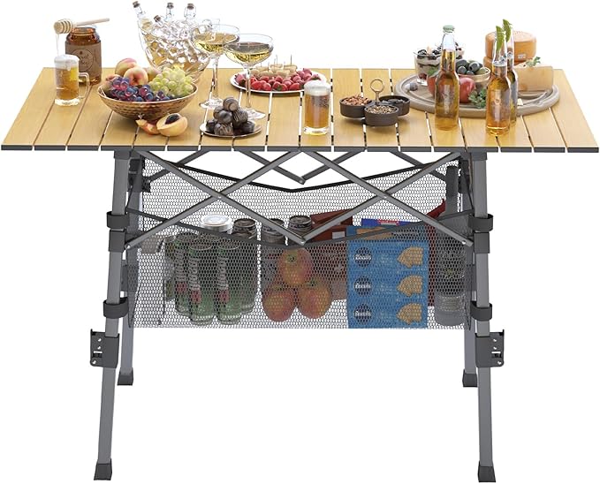 Portable Camping Table with Adjustable Legs, Picnic Table Lightweight Aluminum Roll-up beach tables for sand foldable, Folding Table with Large Storage Basket for Outdoor camping, BBQ and party