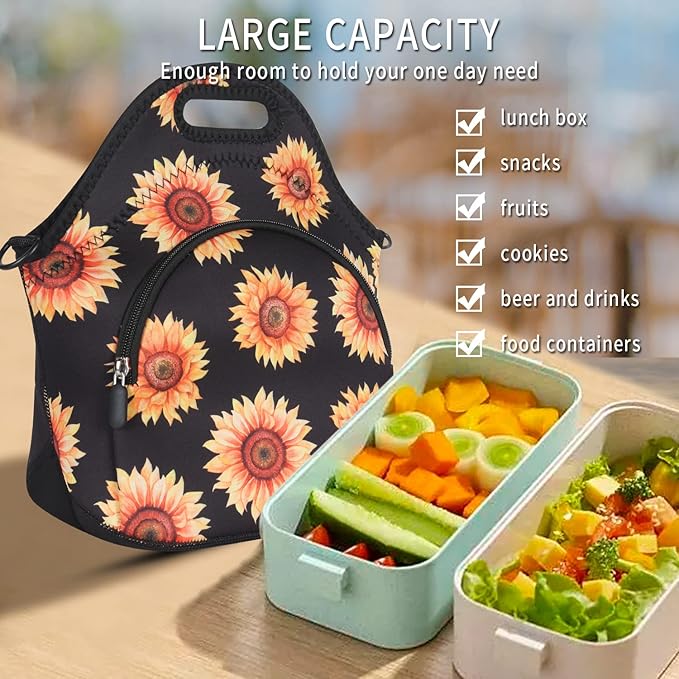 Violet Mist Neoprene Floral Lunch Bag, Sunflower, 12.6"L x 11.8"H x 6.3"W, Adjustable Shoulder Strap, Waterproof, Eco-Friendly