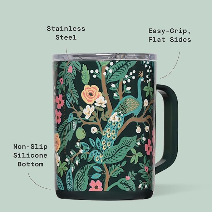 Corkcicle x Rifle Paper Co. Triple Insulated Coffee Mug with Lid & Handle - Keeps Beverages Hot for 3+ Hours - Gift for Mom - Great for Mother's Day or Christmas - 16 oz - Peacock Blue