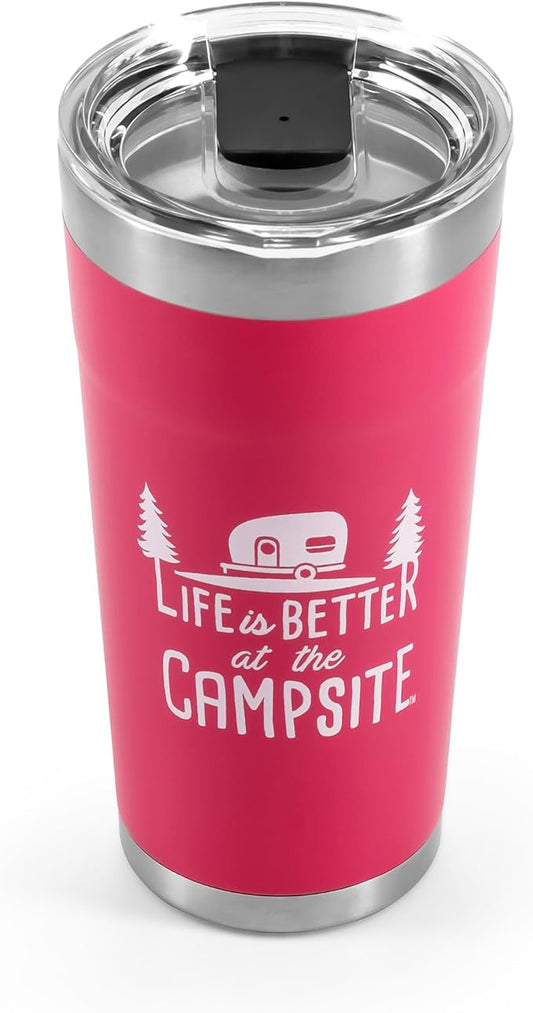 Camco Life is Better at The Campsite Tumbler | Heavy Duty Double Wall Vacuum Insulation | Crafted of 18/8 Stainless Steel | Unique “Life is Better at The Campsite” Design on Coral Pink | 20-oz (53061)