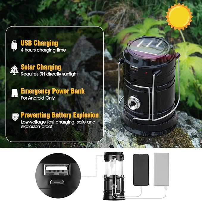 Solar Camping Lantern for Power Outages - USB Rechargeable Lamp Camping Essentials，Collapsible Waterproof Solar Lights for Indoor Outdoor Emergency Light/4 Packs