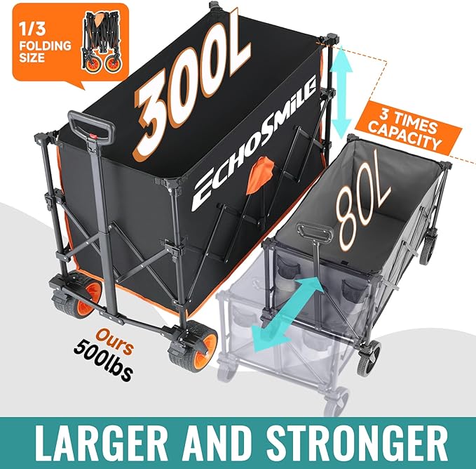 EchoSmile Collapsible Foldable Extended Height Wagon with 500lbs Weight Capacity,Folding Utility Garden Cart with Big All-Terrain Beach Wheels,for Camping, Garden,Sports,Beach,Shopping,Black & Orange