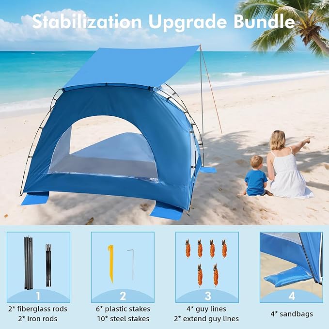 Beach Tent, Portable Sun Shelter for 2/3/4/6-8 Person with UPF 50+ UV Protection, Easy Setup Waterproof Beach Shade Canopy Cabana for Family Outdoor and Picnics, Fishing with Carrying Bag