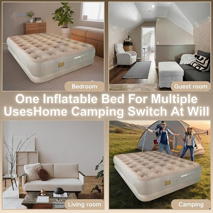 Semi-Frosted Full Size Air Mattress - 13 Raised Comfort Inflatable Mattress, 550lb Capacity w/USB Pump | Ultra Plush Khaki Velvet Top | Camping & Guest Bed | Fast Inflation & Leak-Proof