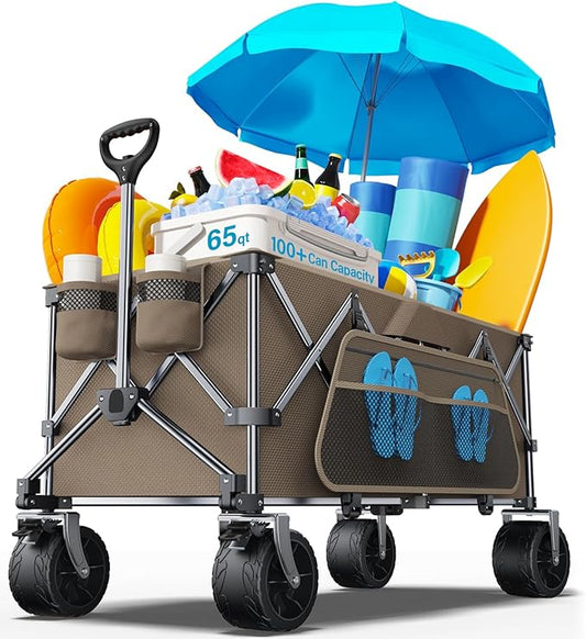 Collapsible Wagon, 440 lbs Foldable Utility Wagon Cart with Big Wheels, Heavy Duty Folding Wagon for Beach/Garden/Camping/Grocery-Brown