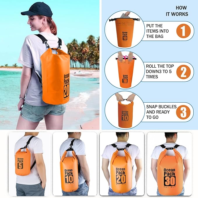 Floating Waterproof Dry Bag Backpack 5L/10L/20L, Roll Top Bag for Kayaking, Rafting, Boating, Swimming, Camping, Hiking, Beach, Fishing, Waterproof Beach Bag. (Orange, 10L)