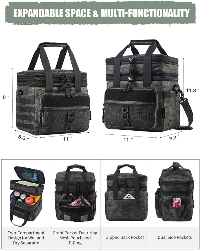 JOYHILL 18 L Tactical Lunch Box - Insulated, Leakproof, and Expandable Double-Deck Cooler Bag for Work, Camping, Picnic - Durable Black Lunch Bag for Adults, 24 Can