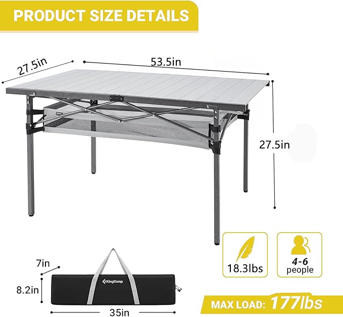 KingCamp Spacious Tabletop Area Aluminum Compact Roll 4-6 Person Stable Adjustable Feet Table with Carry Bag for Outdoor Camp Picnic, Black/Siver_53.5"×27.5" with Storage Layer