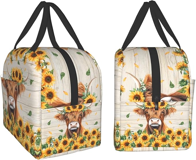 Giwawa Highland Cow Kids Lunch Bag Sunflower Cattle Insulated Girls Lunch Box Yellow Floral Wood Board Thermal Cooler Lunch Tote Bag for Teens Boys School Students Men Women Picnic