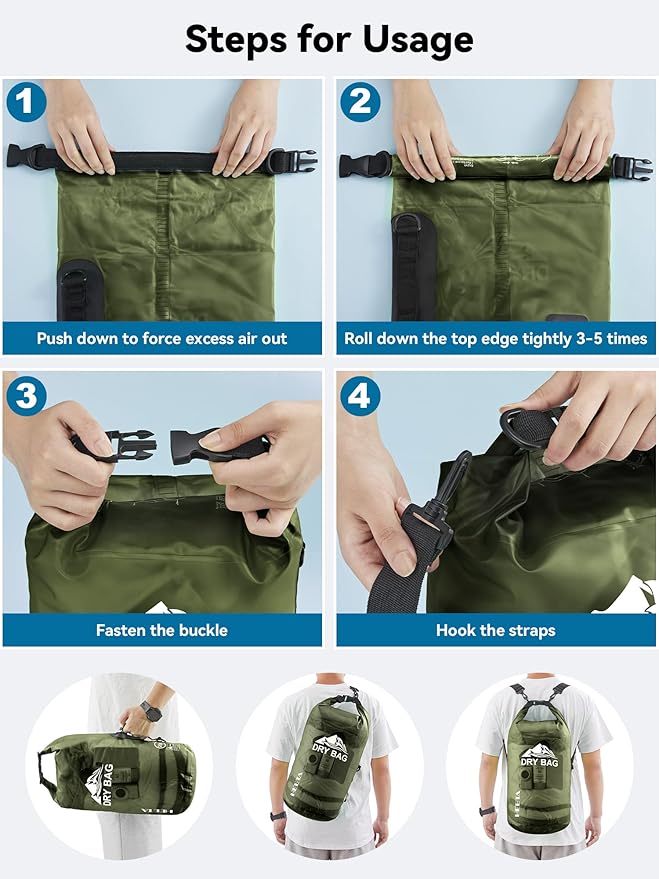 HEETA Dry Bag Waterproof for Women Men, 5L/10L/20L/30L/40L Roll Top Lightweight Dry Storage Bag Backpack with Phone Case for Travel, Swimming, Boating, Kayaking, Camping & Beach, 11 Transparent Colors