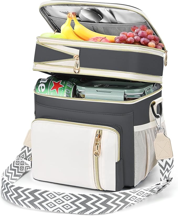 LOKASS Lunch Box for Women/Men-16L-Insulated Lunch Bag, Expandable Double-Layer Leakproof Cooler Bag with Upgrade Adjustable Shoulder Strap Ideal for Work/Travel/Picnics（Gray&White）