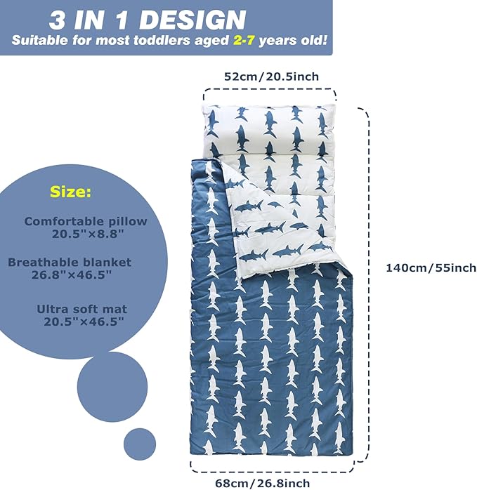 Toddlers Nap Mat with Removable Pillow and Soft Blanket, Lightweight Daycare Preschool Kindergarten Sleeping Bag, Travel Slumber for Kids Girls Boys