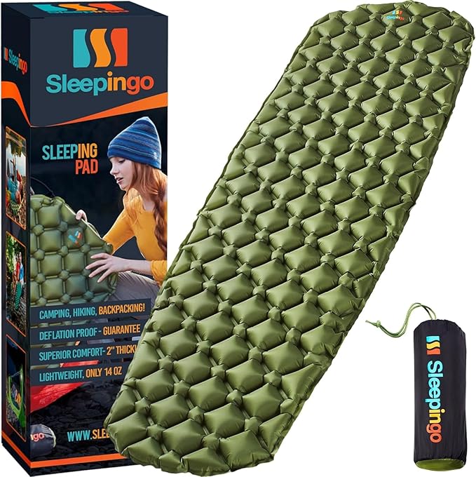 Ultralight Sleeping Pad - Inflatable Sleeping Mat for Camping, Hiking, Backpacking - 74x22 Inches Compact Air Mattress, Waterproof Gear for Travel Outdoors - Green