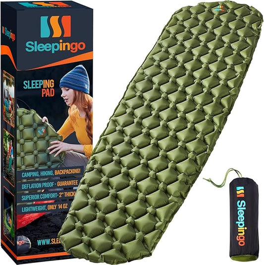 Ultralight Sleeping Pad - Inflatable Sleeping Mat for Camping, Hiking, Backpacking - 74x22 Inches Compact Air Mattress, Waterproof Gear for Travel Outdoors - Green