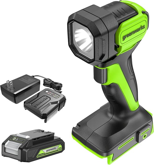 Greenworks 24V Cordless LED Flash Light, 200 lumes Handheld Work Light, Pivoting Head, 3 Lighting Modes, Hanging Hook, with 2Ah Battery and Charger