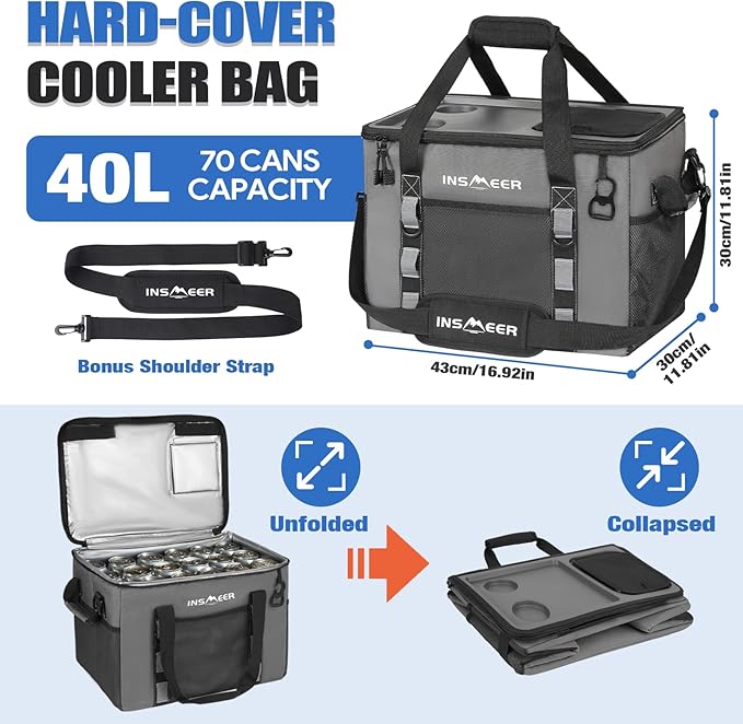 INSMEER Soft Cooler Bag with Hard Shell & 2 Cup Holders, Portable 40L/70 Cans Collapsible Cooler Bags Insulated with Leakproof for Travel, ice chests and Cooler Lunch Box for Beach Camping Picnic