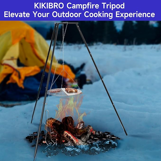 Tripod Cooker Campfire, Grill Grate with Adjustable Height for Cooking Over Fire & Collapsible Legs for Easy Storage