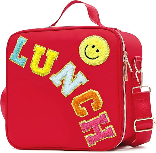 Insulated Lunch Bag Women Lunch Box Kids for Teen Girls Boys, Cute Preppy Lunch Boxes With Adjustable Shoulder Strap, Waterproof Nylon Lunchbox Lunch Bags for School Work Picnic (Red)