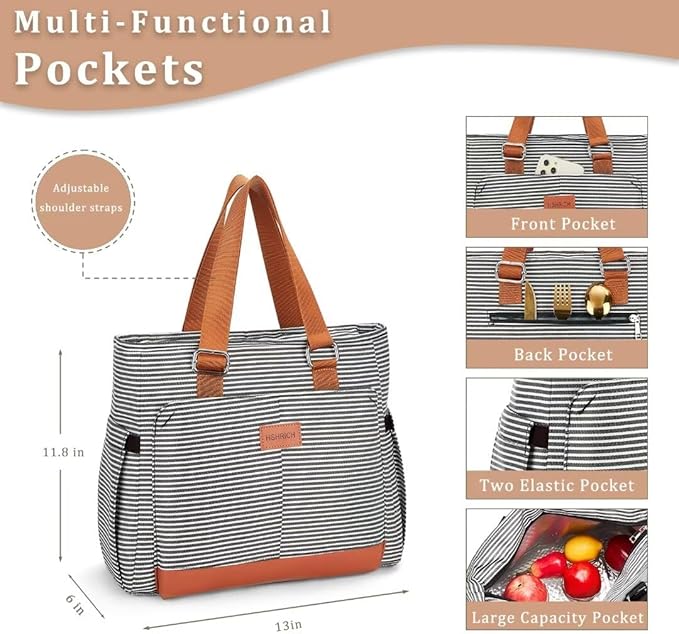 Large Women Lunch Bags for Work/Insulated Adult Lunch Box/Leakproof Cooler Lunch Tote Bag with Storage Pocket. Reusable Lunch Cooler Purse for Work Picnic Hiking 14L, Stripe