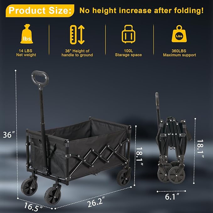 Heavy Duty Collapsible Wagon Cart, 360LBS 100L Foldable Utility Cart with Durable Wheels & Adjustable Handle, Portable Folding Wagon for Groceries, Camping, Sports, Beach, Garden, Shopping