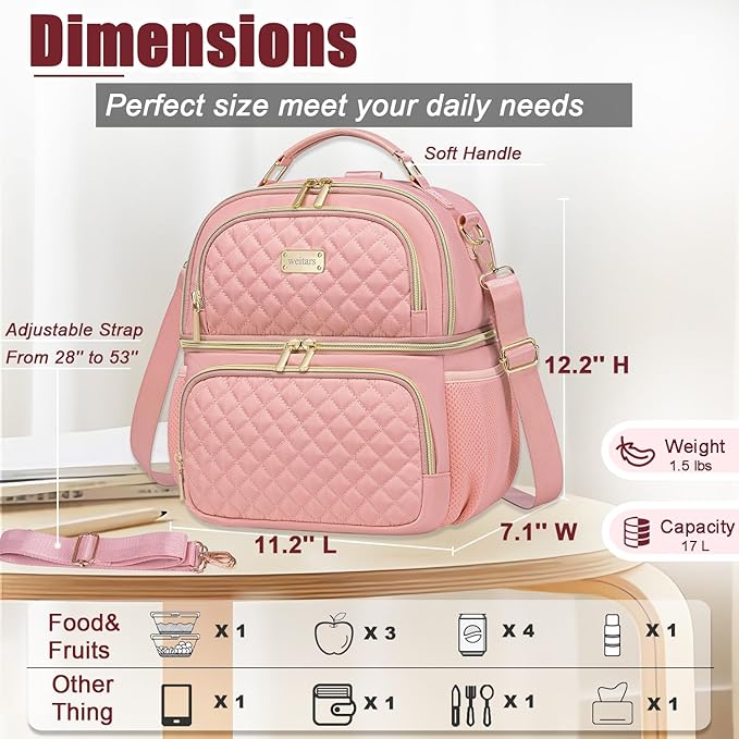 Weitars Lunch Bag for Women,Dual Compartment Lunch Box for Women Lunch Tote for Work,Insulated Leakproof Large Lunchbox Lunch Cooler for Adult for Men, Women, Lunchbag for Hiking,Picnic,Beach