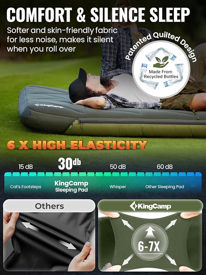 KingCamp Double Sleeping Pad, Inflatable Camping Mattress 2 Person with Removable Foam Cover & Pump Sack, Queen Sleeping Mat Camping Essentials for Outdoor Tent Car (Green)