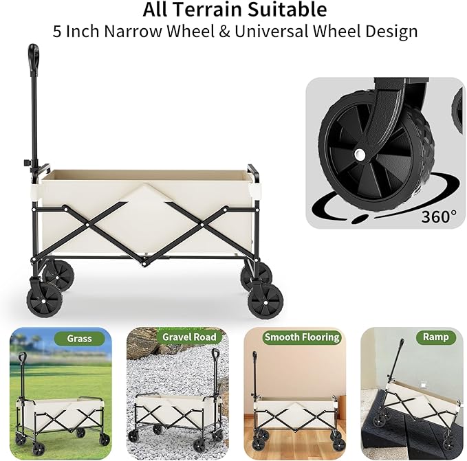 Collapsible Wagon Cart with 5" Removable 360° Swivel Wheels & Adjustable Handle, 220lbs Load Capacity, Dual Detachable Oxford Covers (White+Black)， MDF Base, All-Terrain Portable Utility Cart