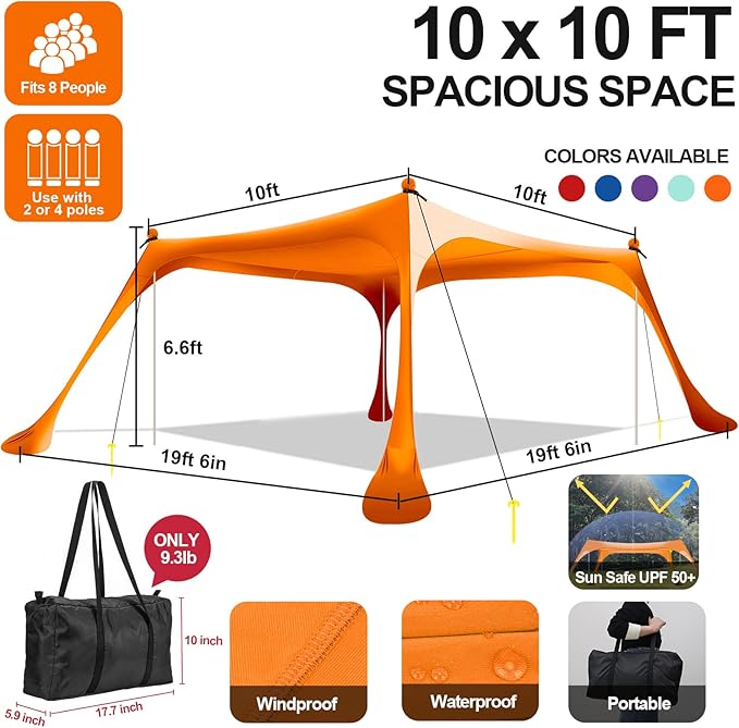 Buheco Beach Tent Pop Up Shade 10x10ft Beach Canopy Sun Shelter UPF50+ with 4 Foldable Poles-Portable Carrying Bag-Sand Shovel-Ground Pegs-Windproof Ropes for Outdoor Family Camping-Fishing- Picnic