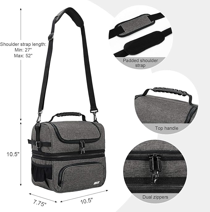 MIER Dual Compartment Lunch Bag Tote with Shoulder Strap for Men and Women Insulated Leakproof Cooler Bag, Grey