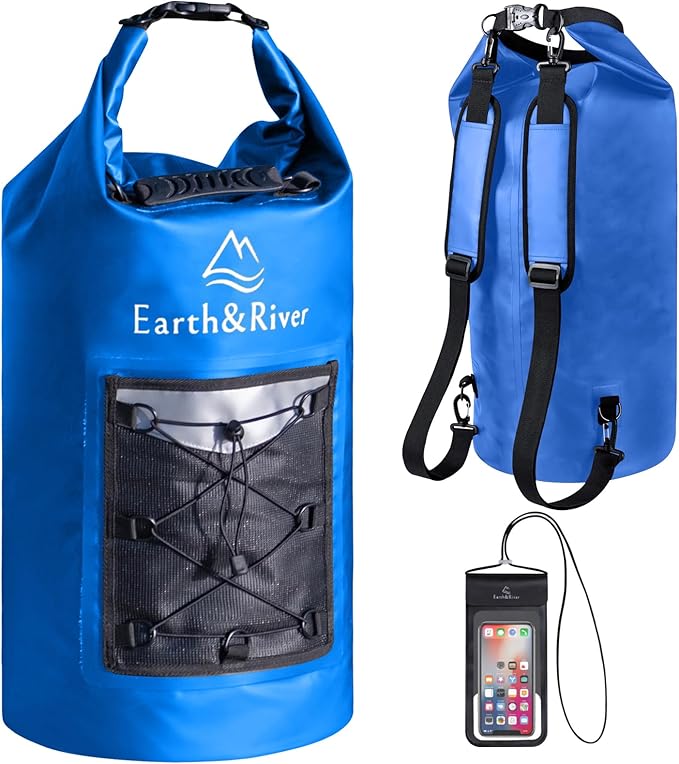EARTH&RIVER Premium Dry Bag Backpack, Extra Thick, Protection for All Water Activities & Camping, Floating Lightweight Dry Bag with Inside Pocket Storage & IPX8 Waterproof Phone Case (Navy Blue, 40L)