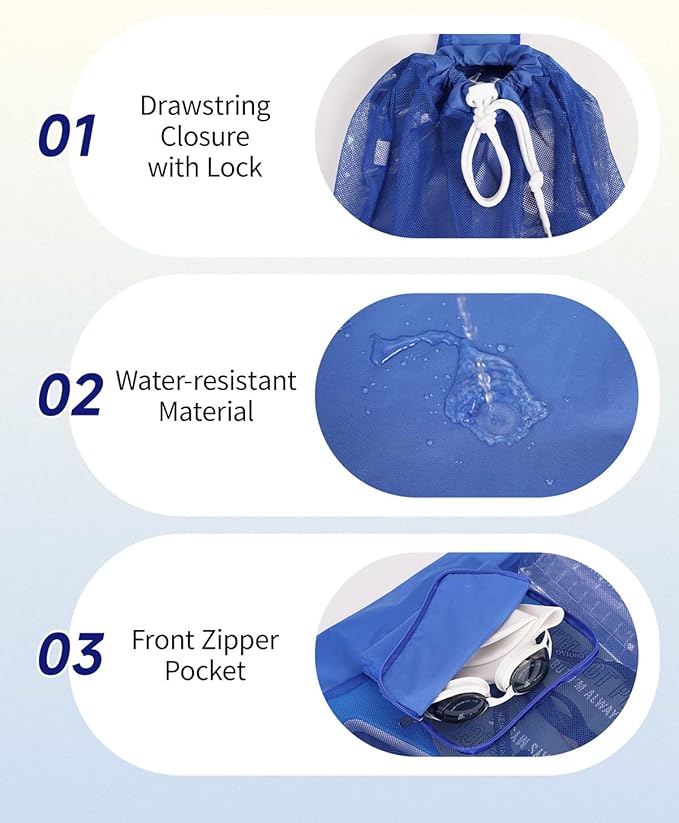WANDF Swim Bag Foldable Mesh Drawstring Bag with Quick-dry Shoulder Strap Beach Backpack with Wet Pocket for Swimming, Gym, and Workout Gear (Blue Patent Pending)
