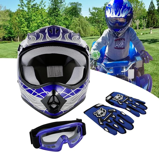 TCT-MOTORPARTS DOT Youth Kids Motocross ATV Helmets Offroad Street Dirt Bike Go-Kart BMX MX Full Face Helmet Blue Skull X-Large Size