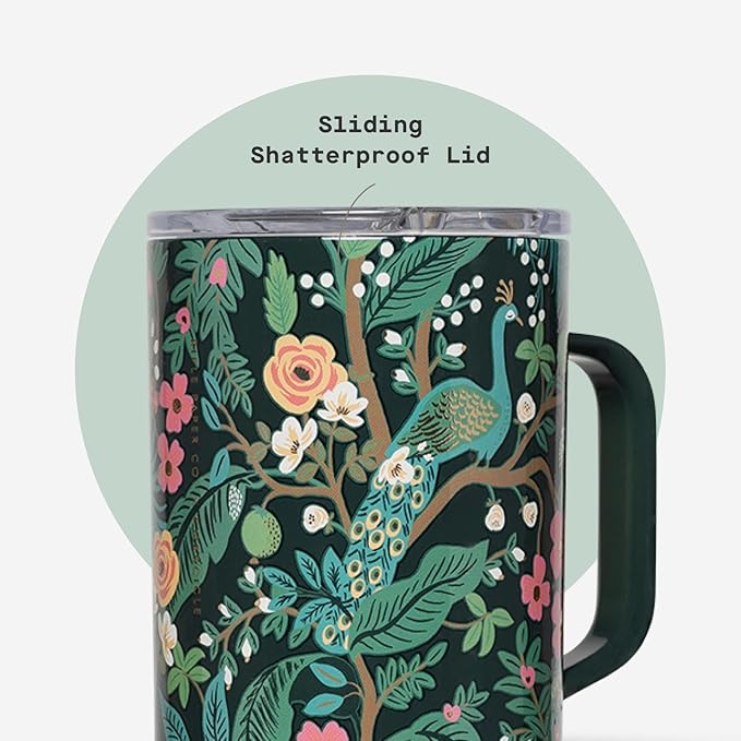 Corkcicle x Rifle Paper Co. Triple Insulated Coffee Mug with Lid & Handle - Keeps Beverages Hot for 3+ Hours - Gift for Mom - Great for Mother's Day or Christmas - 16 oz - Peacock Blue